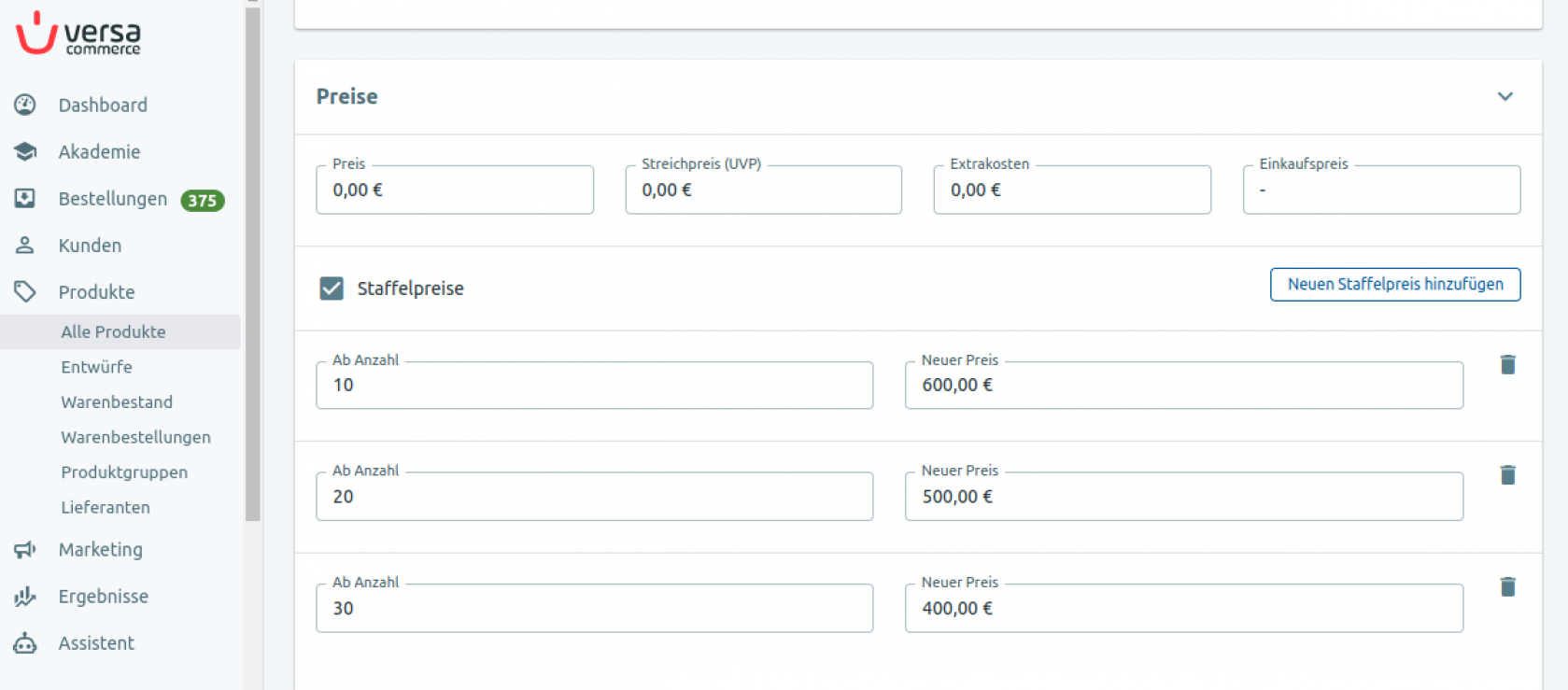 Neuanordnung bei Staffelpreisen